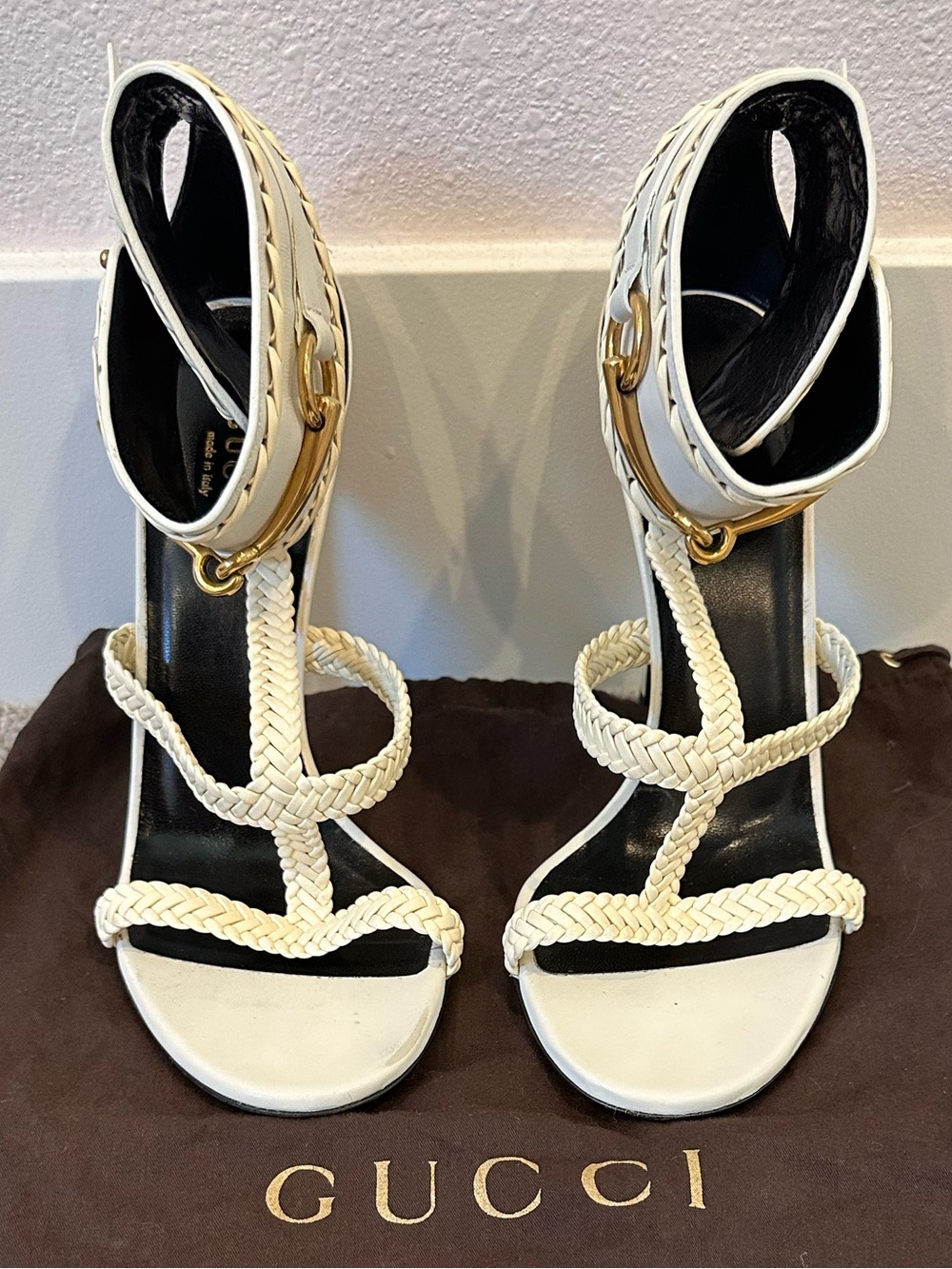 Gucci Ursula Cream Braided Leather Ankle-Strap Heels with Gold Buckle